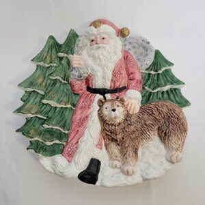FITZ & FLOYD 1991 Omnibus -  Vintage Santa  and Bear Serving Plate Holiday Decor